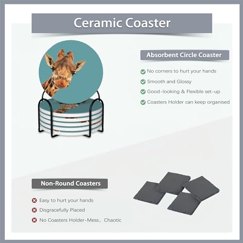 6 Pcs Coasters for Drinks with Holder,Funny Giraffe Absorbent Coaster with Cork Backing,Great Gift for Housewarming,Room Decor,Bar,Holiday Party - color: Funny Giraffe