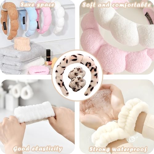 Tetizo Spa Headbands for Washing Face Wristband Set Sponge Makeup Skincare Headband Wrist Towels Bubble Soft Terry Towel Cloth Hairband for Women Puffy Headwear Non Slip Thick Thin Hair Headwear - color: Leopard Khaki