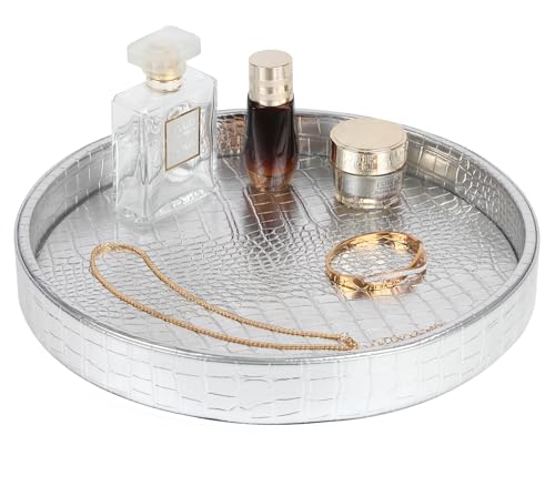 HofferRuffer Faux Leather Round Serving Tray, Vegan Croco Leather Decorative Tray, Food Tray for Storage Drinks, Snack & Cosmetics, Dia.12'' x 1.6'' (Silver) - color: Silver, size: 12"