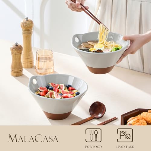 MALACASA 42 oz Ceramic Ramen Bowls with Chopsticks & Spoon, Grey & Khaki - color: Gray and Khaki