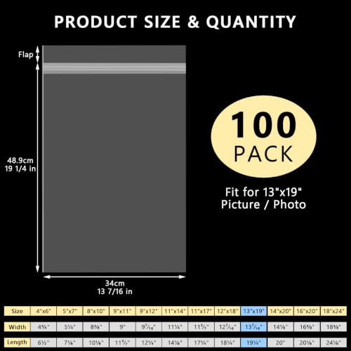 AUEAR 13"x19" Clear Plastic Sleeves Storage Bags for Art,Pictures, 100 Pack - size: 13 x 19 inches