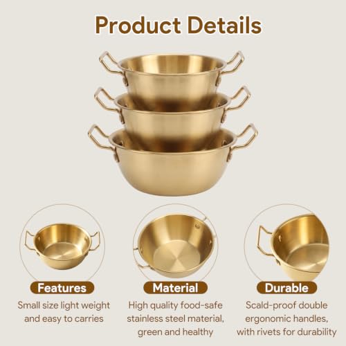 3Pcs Stainless Steel Sauce Dishes with Handles, Korean Golden Dipping Bowls