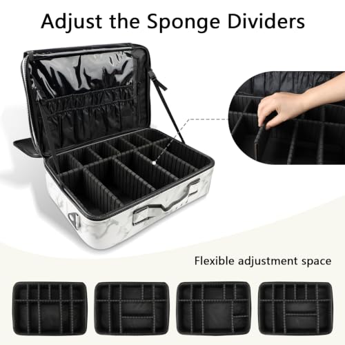 gzcz Large Capacity Travel Makeup Case Organizer,Professional Cosmetic Bags for Women,Waterproof PU Leather Makeup Bag with Adjustable Dividers and Shoulder Strap for Brushes and Jewelry - color: Marble White, size: Large