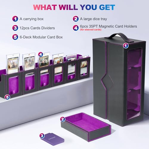 UAONO MTG Commander Deck Box, 6-Deck Modular TCG Deck Case with Dice Tray - color: Black Purple