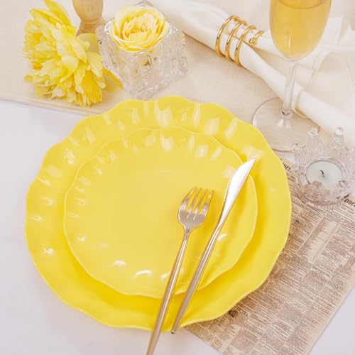 LIYH 24Pcs Yellow Plastic Plates Reusable, Dinner And Salad Set For Parties - color: Yellow, size: 24(12 Guests)