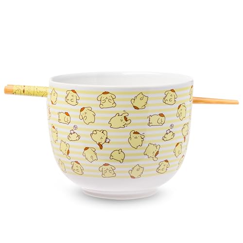 Silver Buffalo Sanrio Hello Kitty and Friends Pompompurin Pattern Ceramic Ramen Noodle Rice Bowl with Chopsticks, Microwave Safe, 20 Ounces - color: Pompompurin Pattern, size: 20 Ounces (No Spoon)