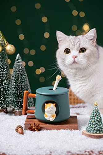 DIHOclub Adorable 3D Ceramic Cat Mug with Lid and Spoon - Perfect for Coffee, Tea, Milk, and More - Ideal Gift for Animal Lovers - 14 Ounces (Green) - color: Green