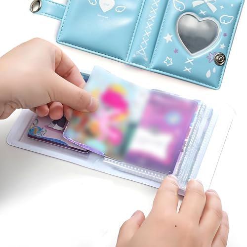Mini Photocard Binder, Heart Hollow Portable Photos Card Book with Lovely Pendant, Cute Style Kpop Card Holder Collectible Album for Fans (Blue) - color: Blue