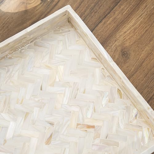 PEMAR 11" Square Mother of Pearl Decorative Tray - Herringbone Shell - color: Creamy White Herringbone