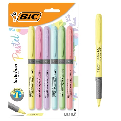 BIC Brite Liner Grip Pastel Highlighter Set, Chisel Tip, 6-Count Pack - size: 6 Count (Pack of 1)