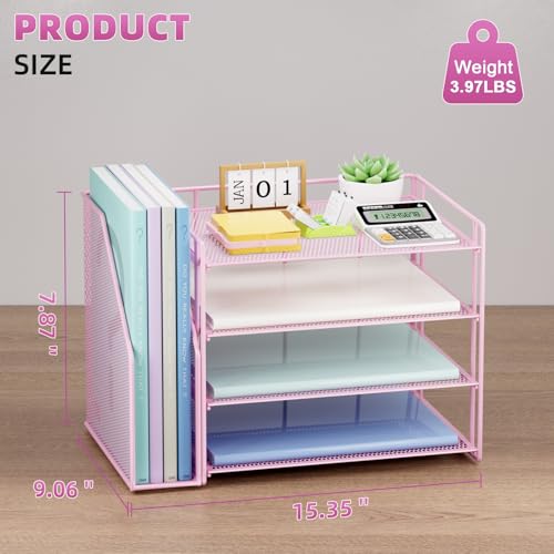Marbrasse 4-Tier Paper Tray Organizer with File Holder, Pink - color: Pink