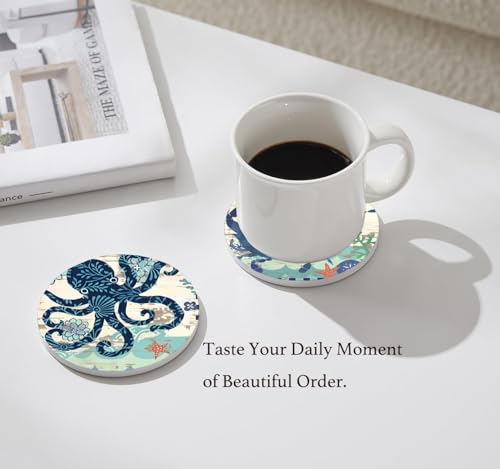 Nikyi 6 Pcs Coastal Marine Life Ceramic Drink Coasters, Absorbent Round Coaster with Cork Base & Metal Holder, Coastal Ocean Theme Coasters for Coffee Table Office Home Decor & Housewarming Gifts - color: Coastal Marine Life