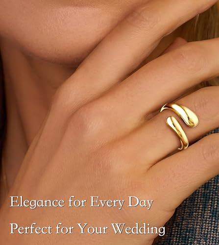 Non Tarnish Gold Chunky Rings for Women, 14K Gold Plated Statement Dome Rings Stacking Silver, Adjustable Mens Eternity Wedding Band Mixed Metal Jewelry Size 3-15 Half Size - color: Gold