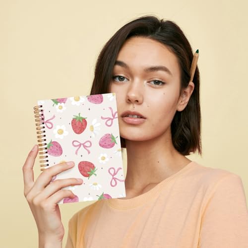 JXREQ Pink Bow Strawberry Notebook Journal for Women Girls Gifts, Strawberries Daisy Journaling Notebooks for Work Study, Girly Cute Spiral Notebooks 5.5x8.3 - color: Fruit 5