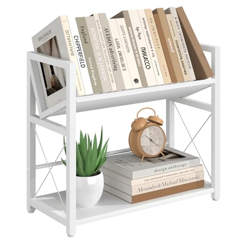 ELITEROO Desktop Bookshelf Organizer, 2 Tier Wood Desk Shelf for Tabletop Storage, Small Book Rack for Office, Home, or Study, Mini Bookcase for Book Display, Decor, and Supplies, White - color: White