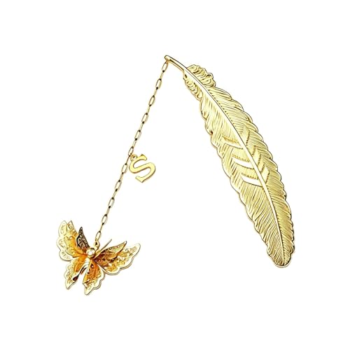 Initial Letter and Butterfly Charm Metal Feather Bookmark (Gold-S) - style: Gold-S
