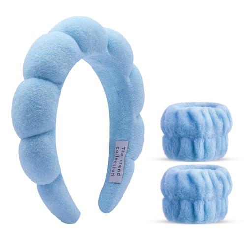 10 Pack Spa Headband and Wristband for Washing Face, Makeup and Skincare. Puffy Terry Cloth, Non Slip Get Ready Hairband for Women, Teens, Girls. Cute Hair Accessories. (Blue) - color: Blue