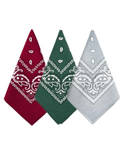 Bycc Bynn Large Soft Cotton Bandanas Pack for Men & Women 22 x 22 inches - color: Burgundy + Dark Green + Light Grey