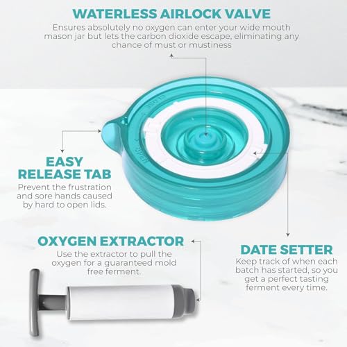 Fermentation Starter Set, Includes 3 Airlock Fermentation Lids and 3 Glass Weights, Sauerkraut Fermenting Kit for Wide Mouth Mason Jar, Pickles, Vegetables, & Kimchi Making Kit - color: Teal