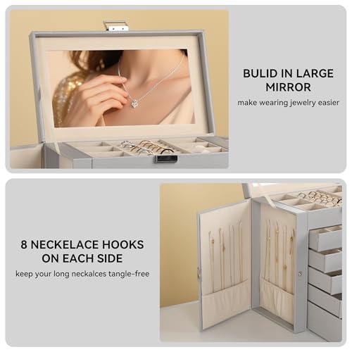 Frebeauty 6-Layer Jewelry Box for Women,Large Jewelry Organizer with Drawer - color: Grey, size: Large