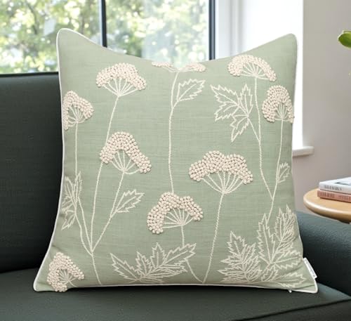 Rudransha Hand Embroidered Wildflower 20x20 Pillow Cover, Light Green - color: Blooming-light Green, size: 20" x 20" (Pack of 1)