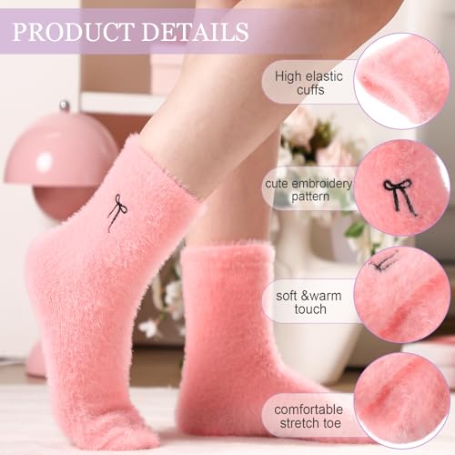 Geyoga 5 Pairs Fuzzy Bow Socks for Women Fluffy Slipper Gift - color: Pastel