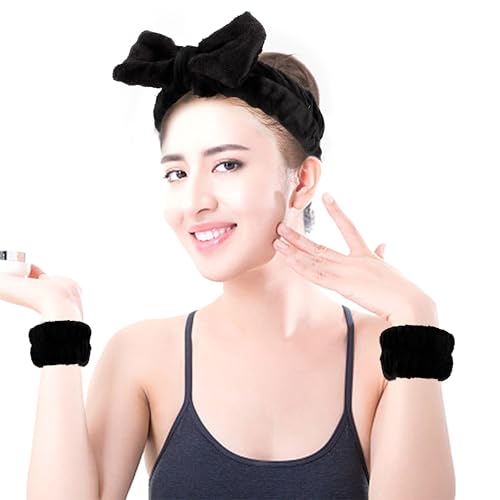 AOPRIE SPA Headbands for Washing Face Makeup Headbands with Bow Hair Band Women Facial Head Band Wrist Towel Wraps For Shower Face Mask Black 2 Style Black, 6 Pack - color: Pure Black