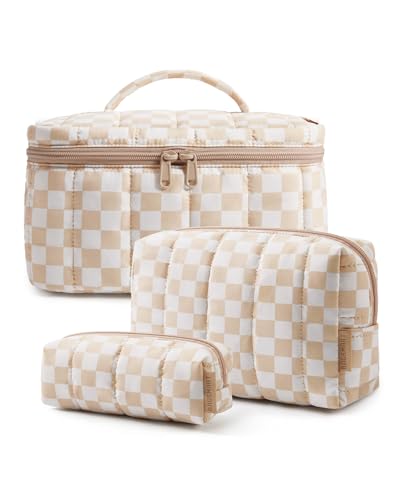 BAGSMART Travel Makeup Bag Set, Puffy Cosmetic Pouch, Checkered Khaki - color: Checkered Khaki