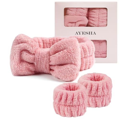 Ayesha Spa Headband and Wristband Set for Washing Face Skincare Makeup - color: Pink set