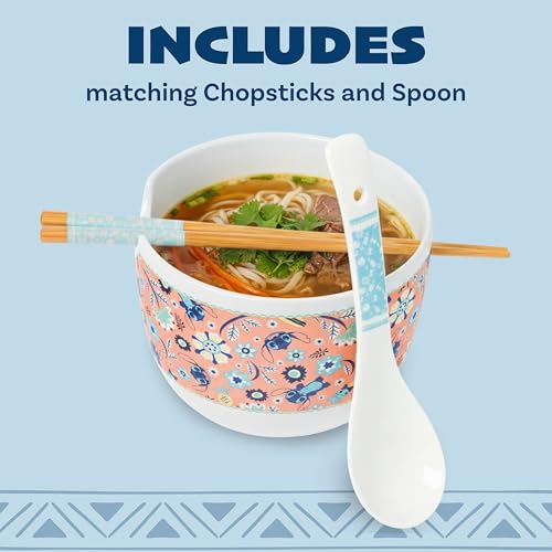Silver Buffalo Lilo and Stitch Leaf, Ramen Bowl with Chopsticks, 20oz - color: Lilo and Stitch Flower and Leaves Pattern Spoon, size: 20 Ounces (With Spoon)