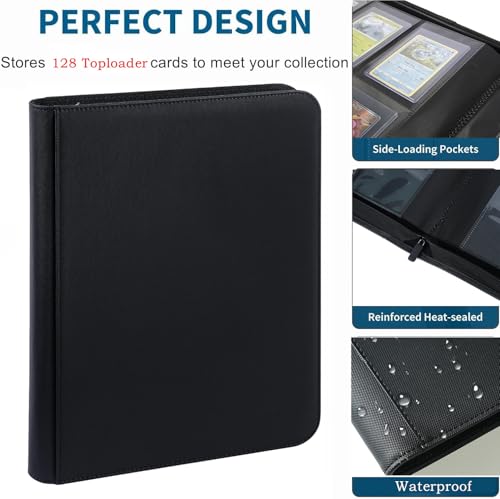 Toploader Binder,4-Pocket Double Sided Top Loaders Binder,Holds 128 Cards in 3"x4" Toploaders,PU Leather Card Binder Abulm for Toploader Trading,Sports,and Gaming Cards (Black) - color: Black