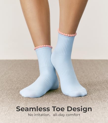 CS CELERSPORT Women's Mini Crew Ankle Socks with Scalloped Top,Pack of 6 - color: Heart Ruffle, size: Medium