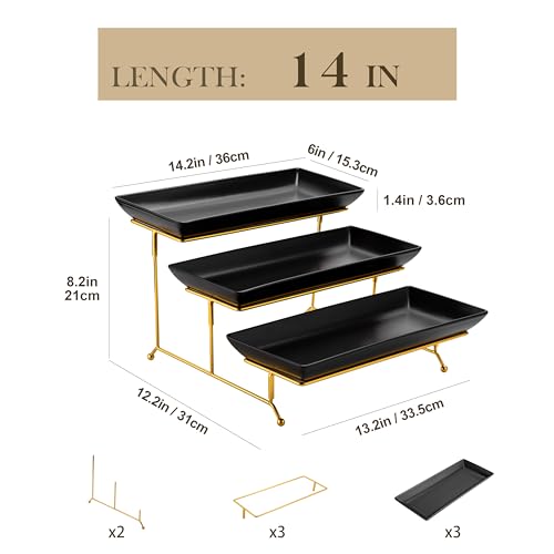 MALACASA 3 Tier Serving Trays for Party, 14 Inch Porcelain Black Trays for Serving Food, Dessert Stand with Collapsible Gold Metal Rack - color: Black Gold, size: 14 Inch
