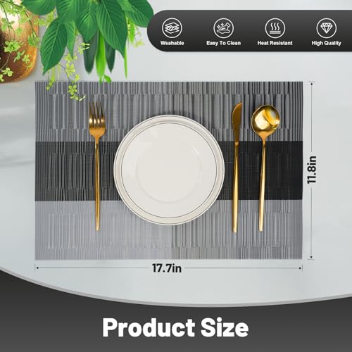 Placemats Set of 6，Non-Slip PVC Weave Table Mats Easy to Clean，Heat Resistant Place Mats for Kitchen Dining Table Decoration Indoor Outdoor，Black Gray - color: Black Gray