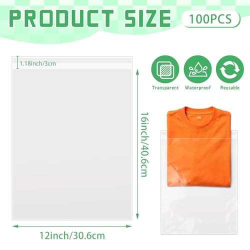 VOKOY 100 Pack 12 x 16 Inch Crystal Clear Sleeves Storage Bags, Self Sealing Cellophane Bag Resealable Page Protectors Artwork Protectors Clear Poly Bags for Clothes Shirts Gift Wrappers Party Favors - size: 12 x16 Inch, style: 100 Pack