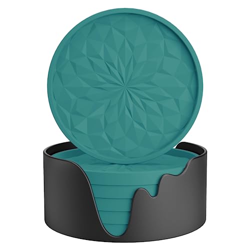 ME.FAN Silicone Coasters with Holder,[6 Pack] Drinking Coasters - Cup Mat for Hot or Cold Drinks, Thickened, Non-Slip, Non-stick,Deep Tray Teal Blue - color: Teal Blue