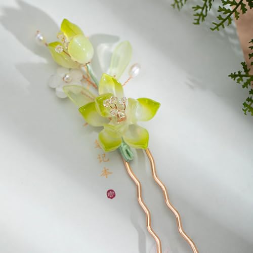 Green Snow Lotus Hairpin Chinese Hanfu and Han Style Hair Retro Flower with Metal Handmade Hair Clip Hair Accessories for Women Girls Long Hair (Green Snow Lotus) - color: Green Snow Lotus
