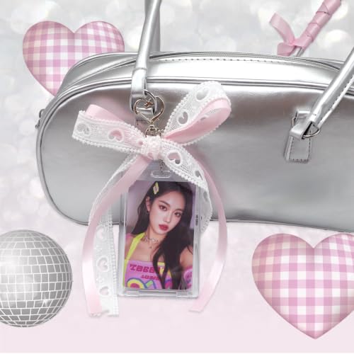 2 Pack K-pop Photocard Holder Keychain, Photo Card Holder with Ribbon Bow - color: Pink&blue