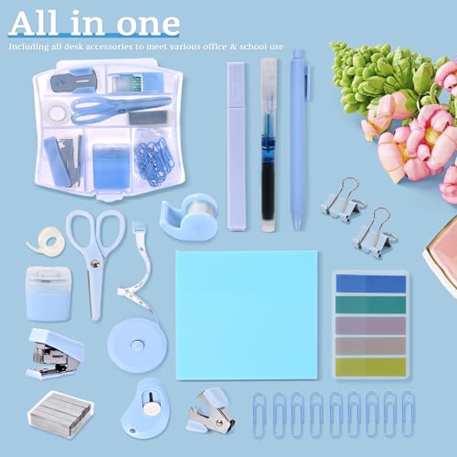 Mini Office Supply Kit, Blue Stapler with Staples and Tape Dispenser Set, Mini Stationary Kit Includes Sticky Notes Index Tabs Highlighters Gel Pens for Office & School (Blue) - color: Blue