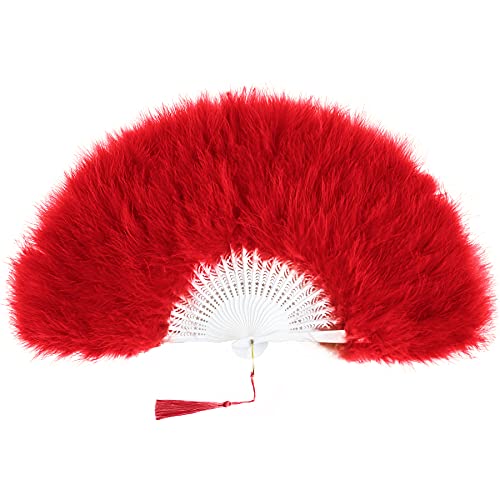 BABEYOND 1920s Marabou Feather Folding Hand Fan - color: Red