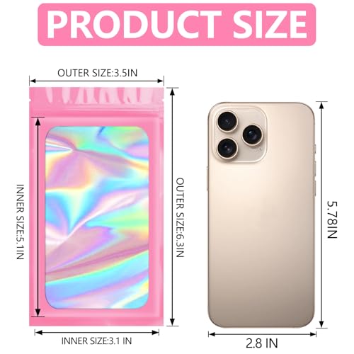 Funfery 100pcs Pink Mylar Holographic Bags-Resealable Zipper&Clear Window - color: Pink, size: 3.5 x 6.3 Inch