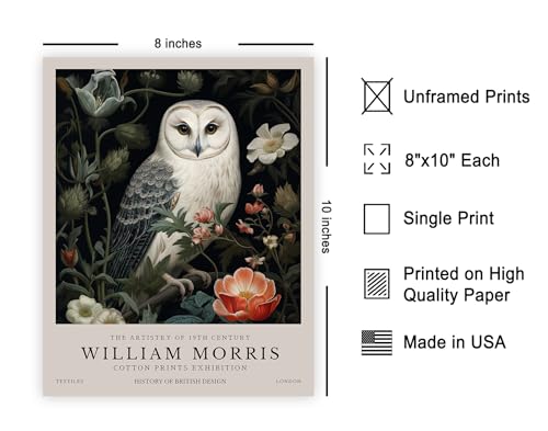 Poster Master Owl and Flowers Print - William Morris Poster - Botanical Exhibition Art - Farmhouse Wall Design - Floral Aesthetic Art - Living Room or Bedroom Decor - 8x10 UNFRAMED Wall Art - color: Style-07, size: 8"L x 10"W