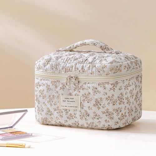 HBselect Quilted Makeup Bag, 3Pcs Cotton Large Travel Makeup Bags Organizer - color: A-3PCS-Floral 23