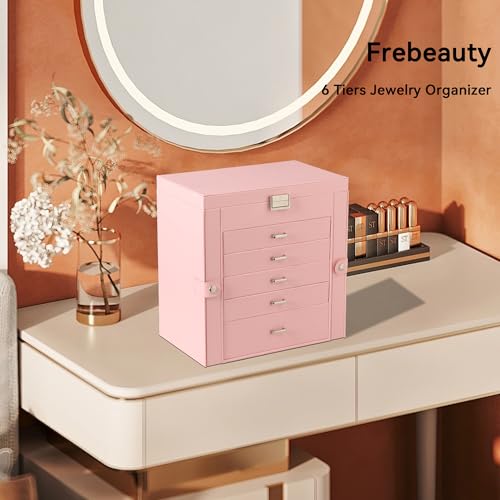 Frebeauty 6-Layer Jewelry Box for Women,Large Jewelry Organizer with Drawer - color: Pink, size: Large
