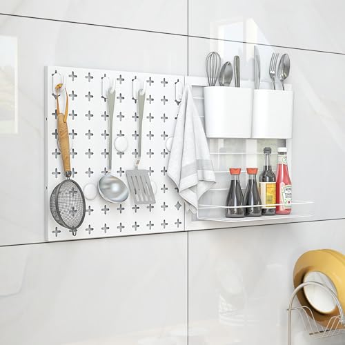 Goplus Peg Board, Metal Pegboard Kit with 2 Pegboard Panels, 12 Accessories, Storage Rack, 2 Storage Containers, Magnets & Hooks, White Pegboard Wall Organizer for Office Kitchen Home