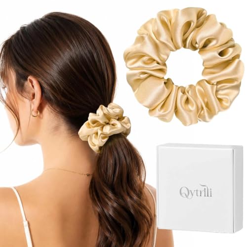 Silk Scrunchie 1.4" Medium Wide 6A 22 Momme 100% Mulberry Silk Hair Ties,Gentle on Hair No Damage No Crease for Women Girls Curly Thick Wavy Hair,Sample Fabric Provided (1, Champagne) - color: Champagne