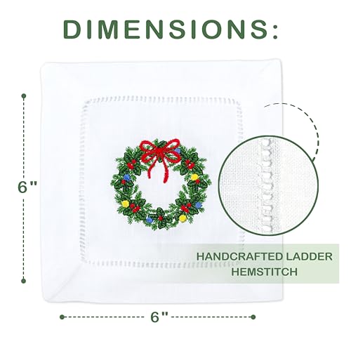 Embroidered Christmas Wreath Cocktail Napkins 6 Pack Cloth Cotton Coaster Decorative for Drink Absorbent Holiday Parties Events Ladder Hemstitch Washable Square (6"x6") - color: Wreath