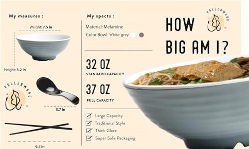 4 Ramen Bowls, 12 pieces Pho set. Gray White Asian Japanese soup. Utensil: Spoons And Chopsticks kit. Melamine. Large 37 oz. Noodles, Rice, Udon, Thai, Chinese, Korean, Wonton, Miso. - color: Gray White x4