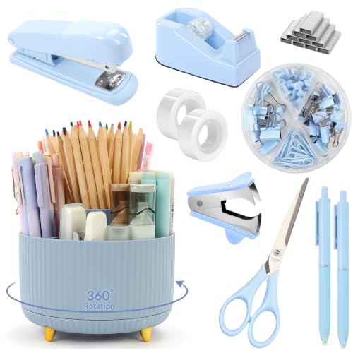 SKYDUE Blue Desk Accessories 11Pcs with Rotating Pen Holder for Desk - color: Blue
