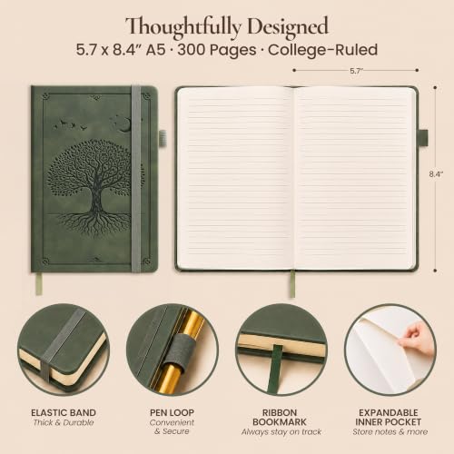 Lined Journal Notebook Hardcover Leather Bound 300 Pages A5 Green Diary - color: Light Green, size: A5 300 Pages